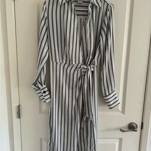 Black and white pinstripe midi wrap dress with collar